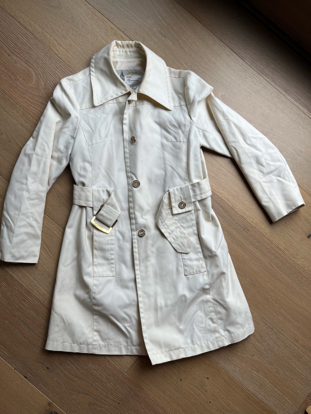 Vintage London Fog Cream Double-Breasted Trench with Gold Buckle Accent